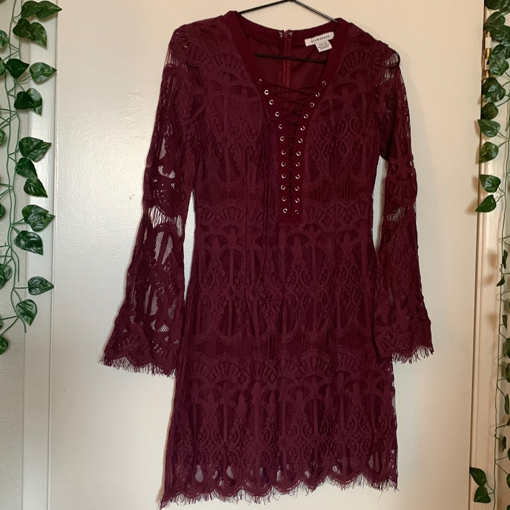 Burgundy Lace lace up dress XS